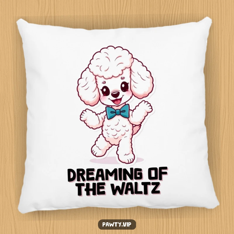 Funny cute poodle wearing a fancy bow tie, dancing energetically, on a soft pillow, offering comfort and a touch of canine elegance.