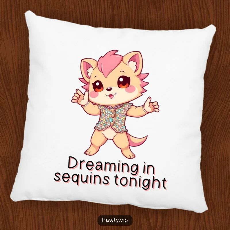 Funny Pillow with a creature in a glittering sequined outfit, striking a dramatic and captivating pose. Plush and humorous home decor.