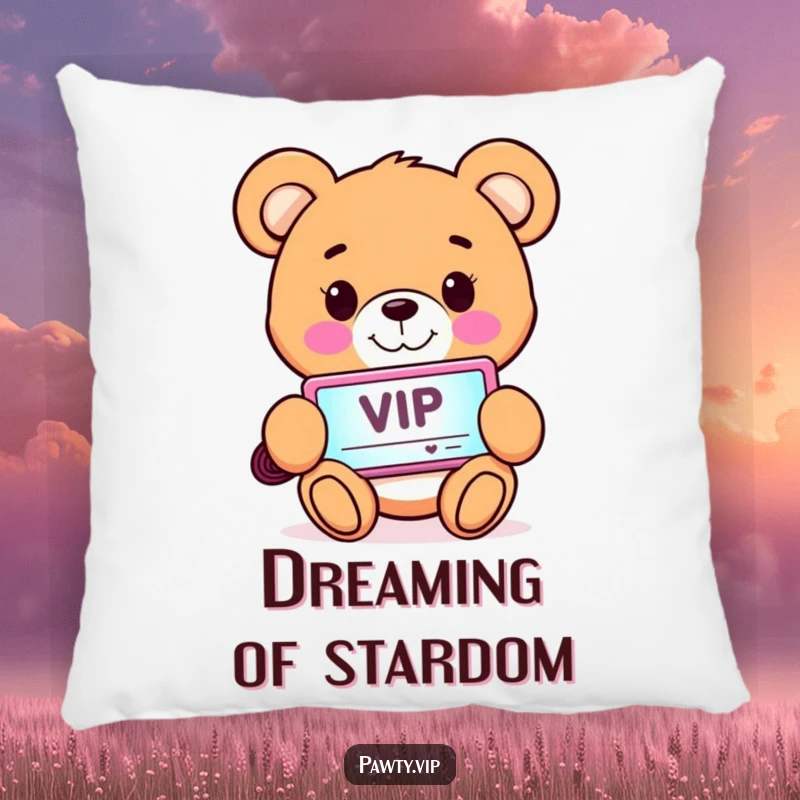 Funny Pillow featuring a happy teddy bear character clutching a glowing VIP pass, perfect for adding comfort and cheer.