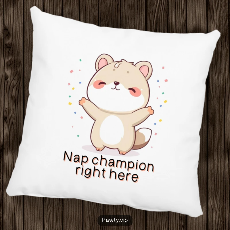 Funny animal throw pillow with a character in a celebratory pose, surrounded by a cascade of confetti, bringing cozy humor as a funny gift.
