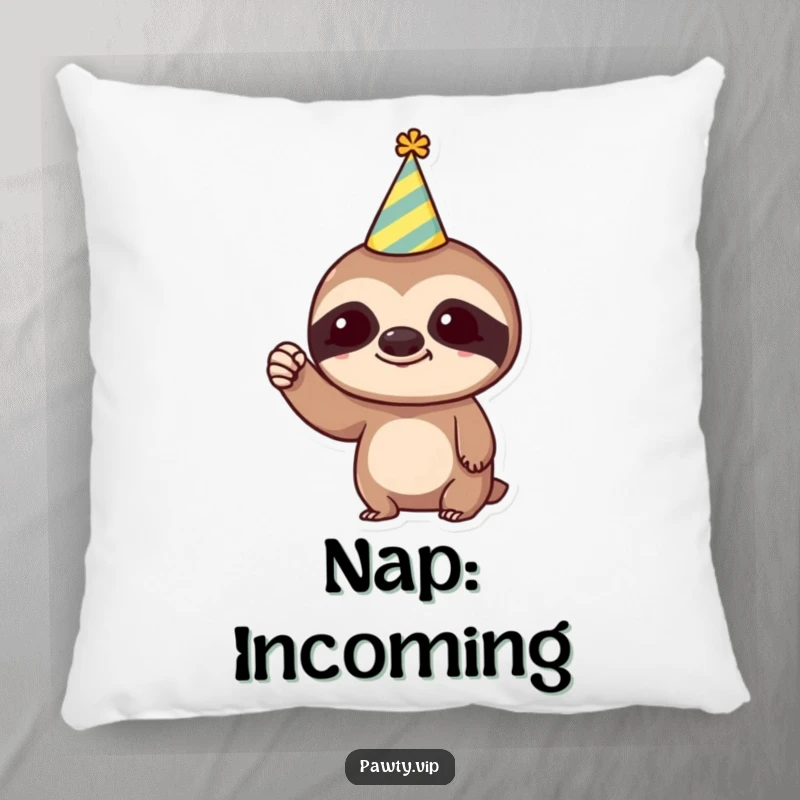 Funny Pillow: A soft, cozy pillow featuring a trendy sloth in a party hat, humorously raising a small fist for a playful touch.