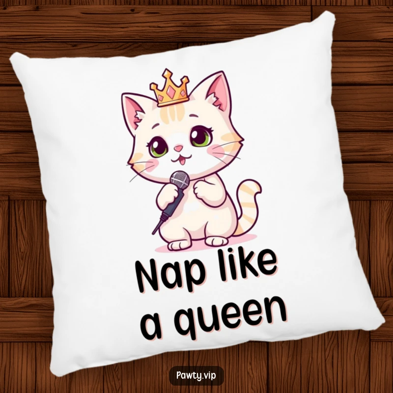 Funny Cat Pillow featuring a cat in a sparkly crown with a microphone, adding regal comfort and sparkle.
