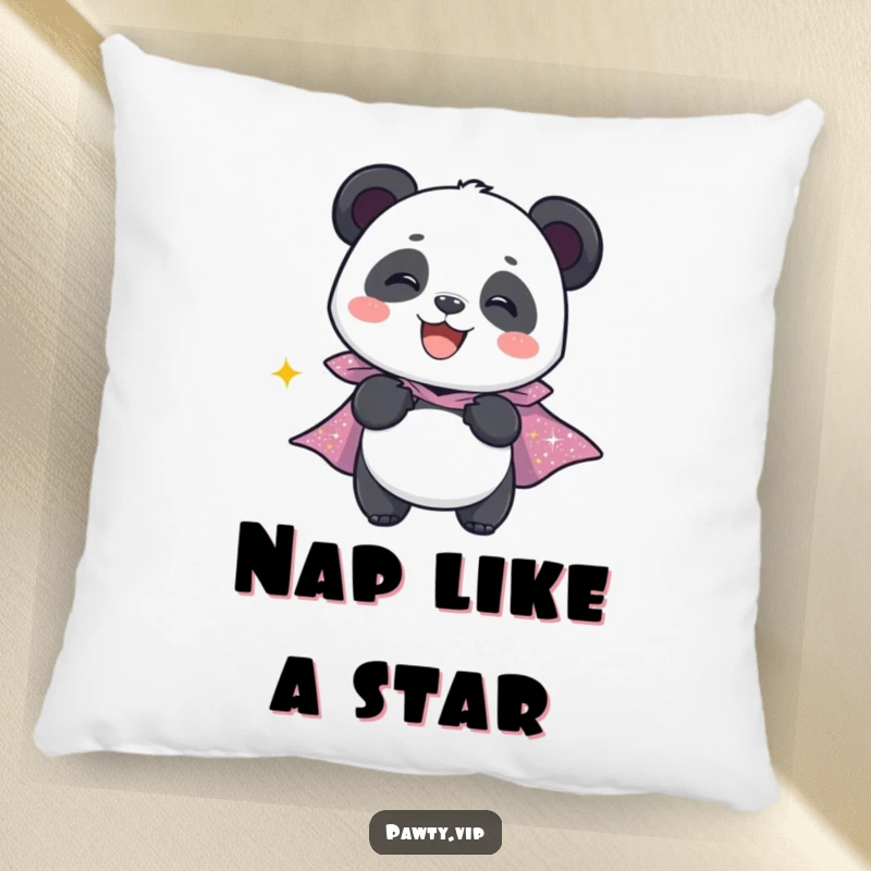 Funny pillow featuring a giggling panda character wearing a sparkly cape, designed for comfort and heroic charm.