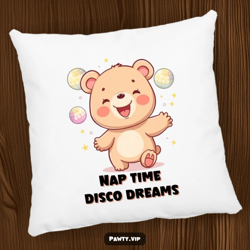 Funny kawaii bear character grinning while juggling shiny disco balls, printed on a soft pillow for humorous comfort and festive decor.