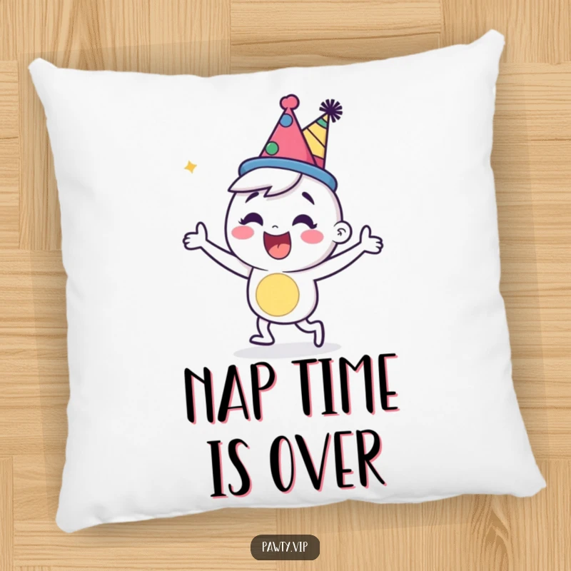 Happy cartoon character wearing a party hat, dancing energetically on a soft and cozy pillow.