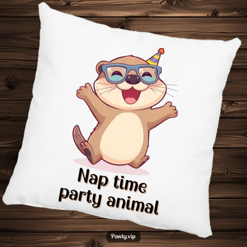 Funny Otter Pillow featuring a joyful otter in tiny party glasses, leaping with excitement, perfect for comfort.