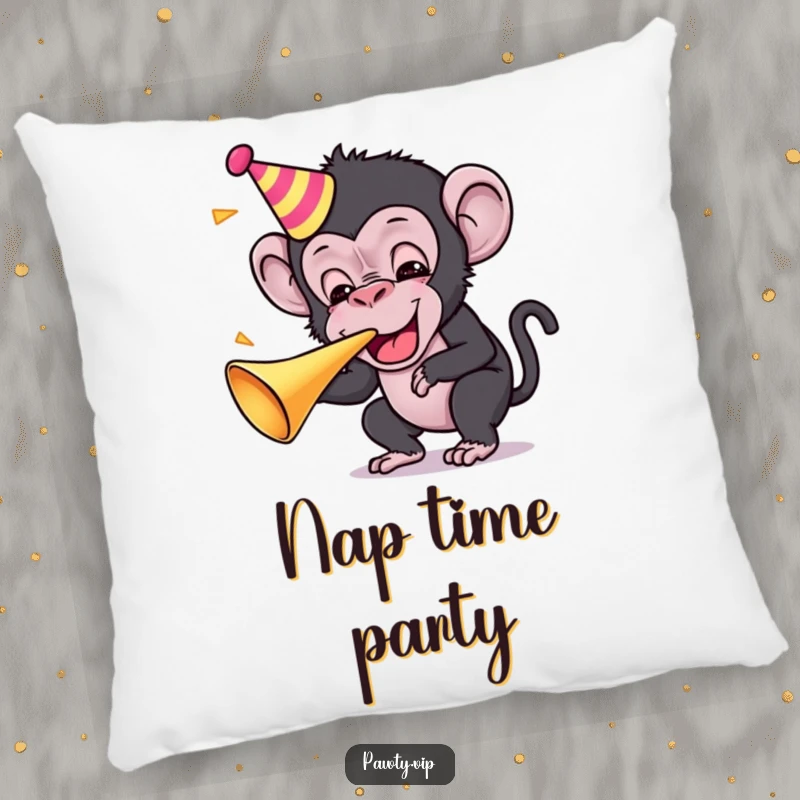 Funny Kawaii chimpanzee character blowing a party horn on a pillow, bringing festive comfort.