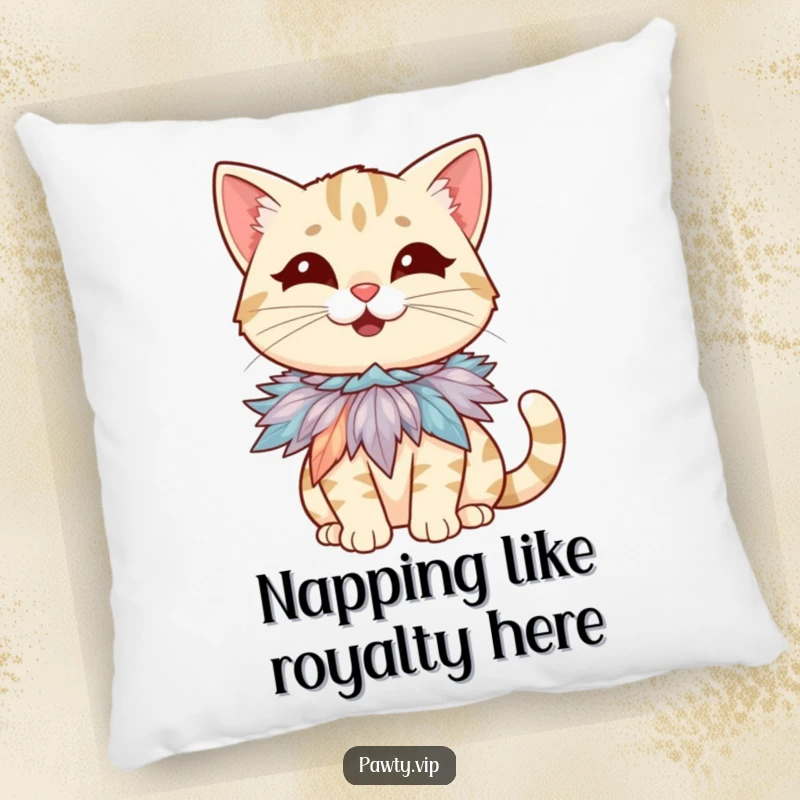 Funny pillow featuring a giggling cat character humorously wearing a tiny, flamboyant feather boa necklace, perfect for cozying up.