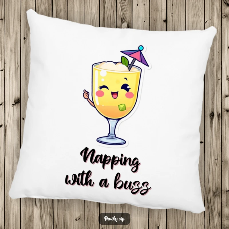 Funny happy cocktail drink character pillow winking with a tiny umbrella, providing festive comfort and charm.