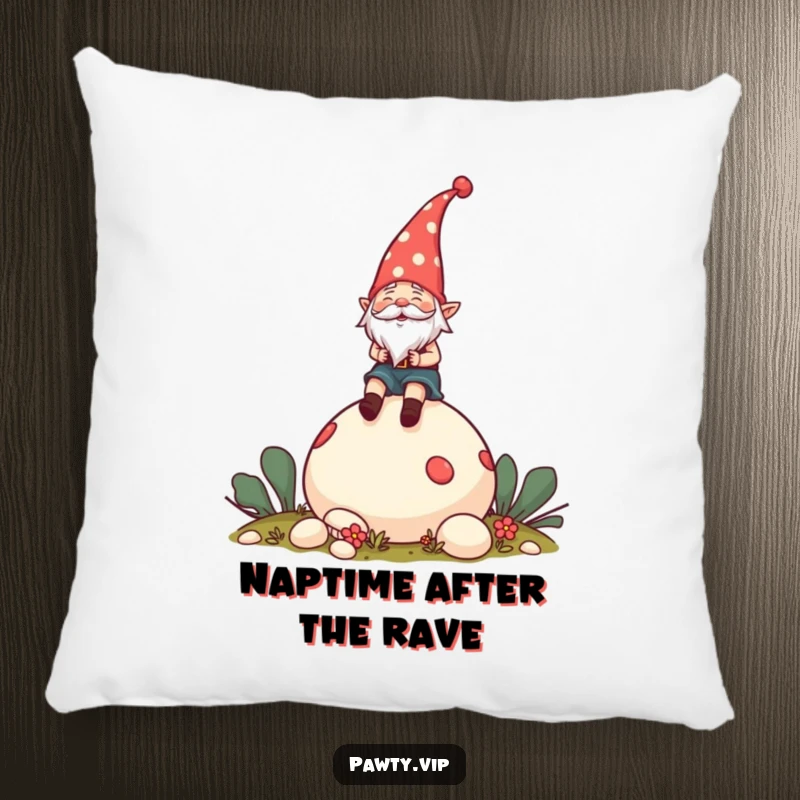 Funny Pillow featuring a cheerful gnome in a party hat riding a giant mushroom, adding a touch of enchantment.