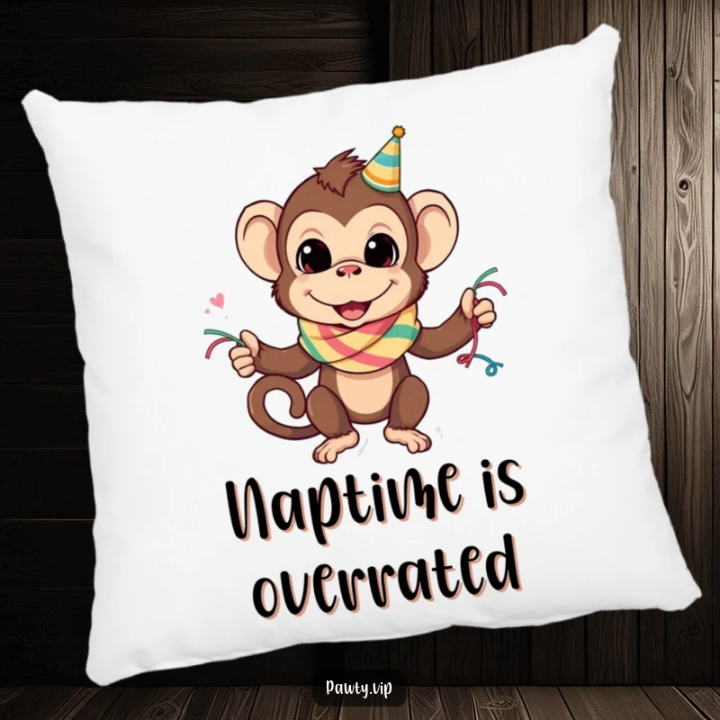 A mischievous monkey wearing a festive party streamer scarf, featured on a soft pillow, a fun and funny gift.