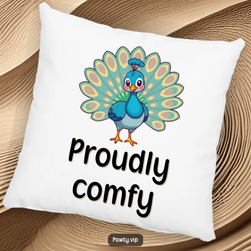 Funny peacock animal fanning its tail feathers, a soft and funny pillow with royal flair.