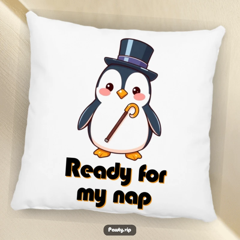 Funny pillow showcasing a stylish penguin character holding a tiny top hat and cane, offering comfortable and humorous decor.