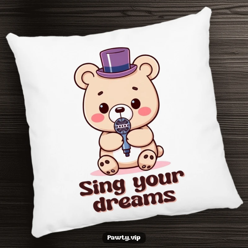 Funny Kawaii bear wearing a tiny top hat, holding a microphone on a soft pillow, perfect for comfort.