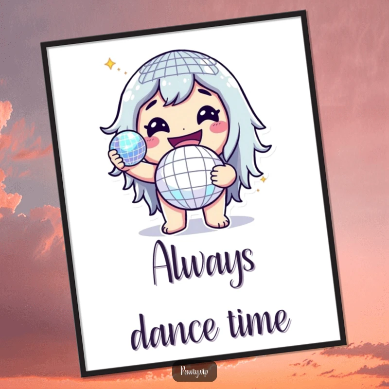 Funny digital art print of a cheerful character holding a glittering disco ball, perfect for vibrant and celebratory decor.