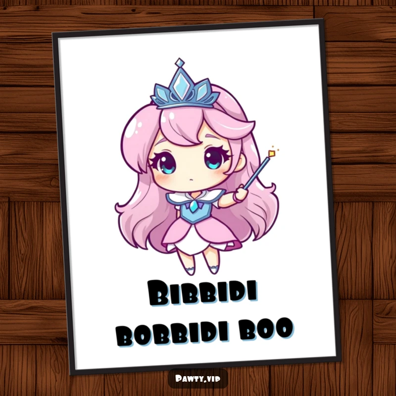 Funny tiara digital art print of a character wearing a sparkling tiara and waving a magic wand, perfect for whimsical printable art.