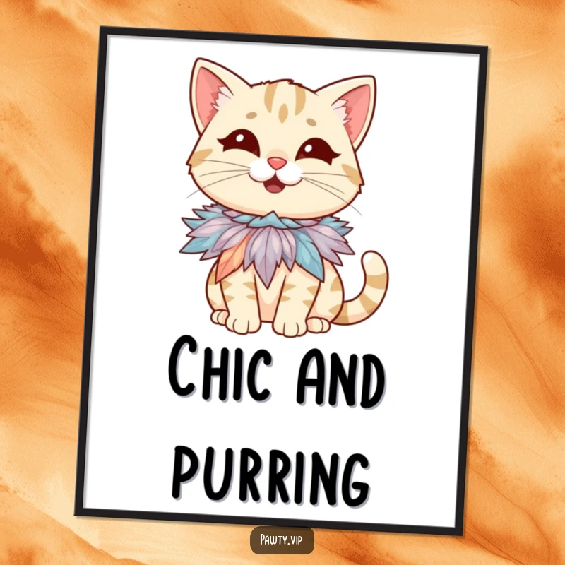 Funny digital art print of a giggling cat character with a tiny, flamboyant feather boa necklace, radiating playful energy.