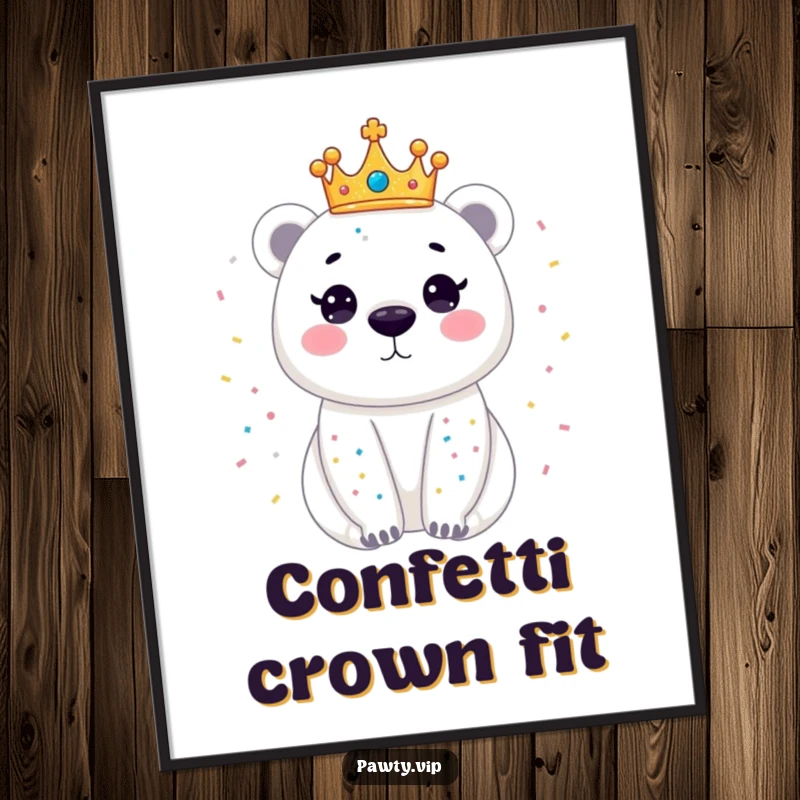 Funny digital art print of a dazzling polar bear wearing a tiny crown, sparkling with confetti, ready for instant download and regal display.