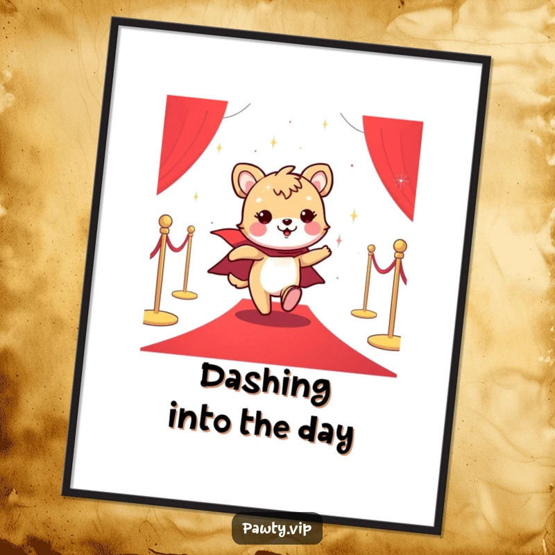 Funny digital art print of a cheerful animal in a sparkly cape, running across a luxurious red carpet.