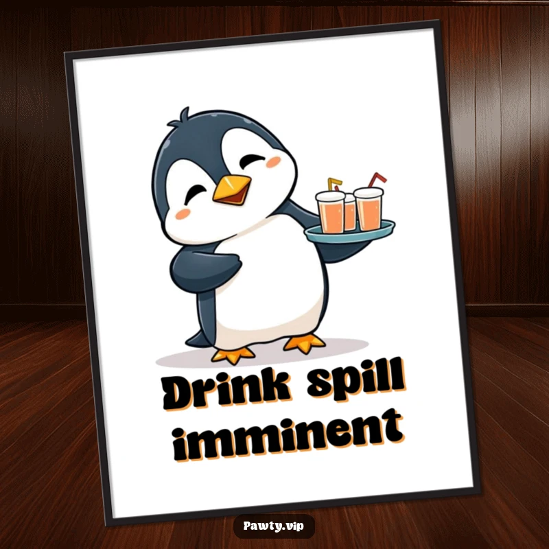 Funny digital art print of a flustered penguin tripping slightly while holding a tray of tiny drinks, ready for instant download and humorous display.