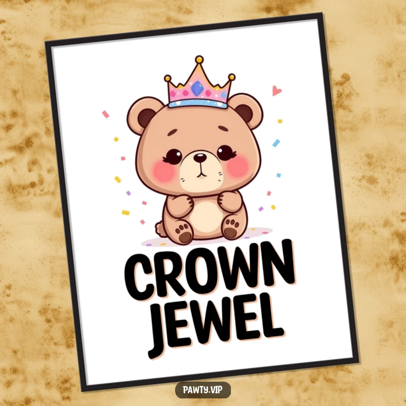 Funny bear queen digital art print of a regal bear with a sparkly crown, blowing confetti, for humorous decor.
