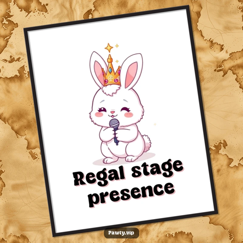 Funny bunny wearing a sparkly crown and holding a microphone, ready for its big performance, as a digital art print for instant wall decor.