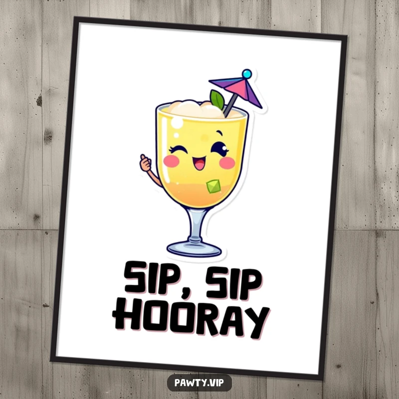 Funny happy cocktail drink character digital art print winking with a tiny umbrella, ideal for festive wall decor.