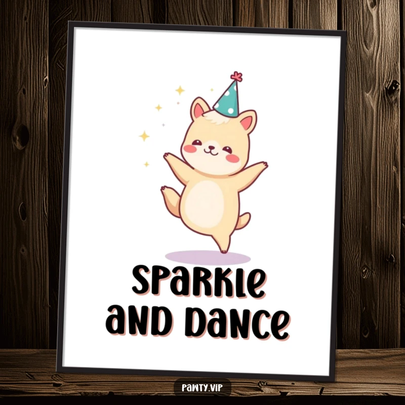 Funny animal dancing with sparkles flying and wearing a tiny party hat, a downloadable funny party art print.
