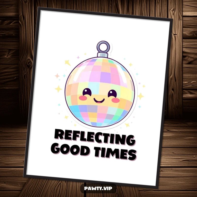 Funny disco ball character with a smiling face, spinning with colorful lights, as a downloadable digital art print, perfect for adding instant party atmosphere.