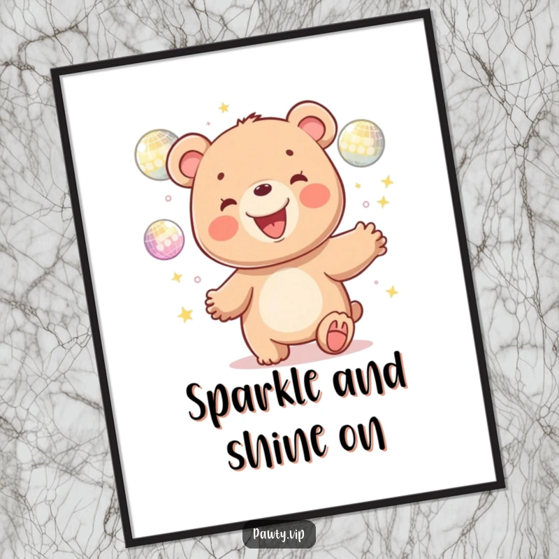 Funny kawaii bear character grinning while juggling shiny disco balls, available as a downloadable digital art print for humorous decor.