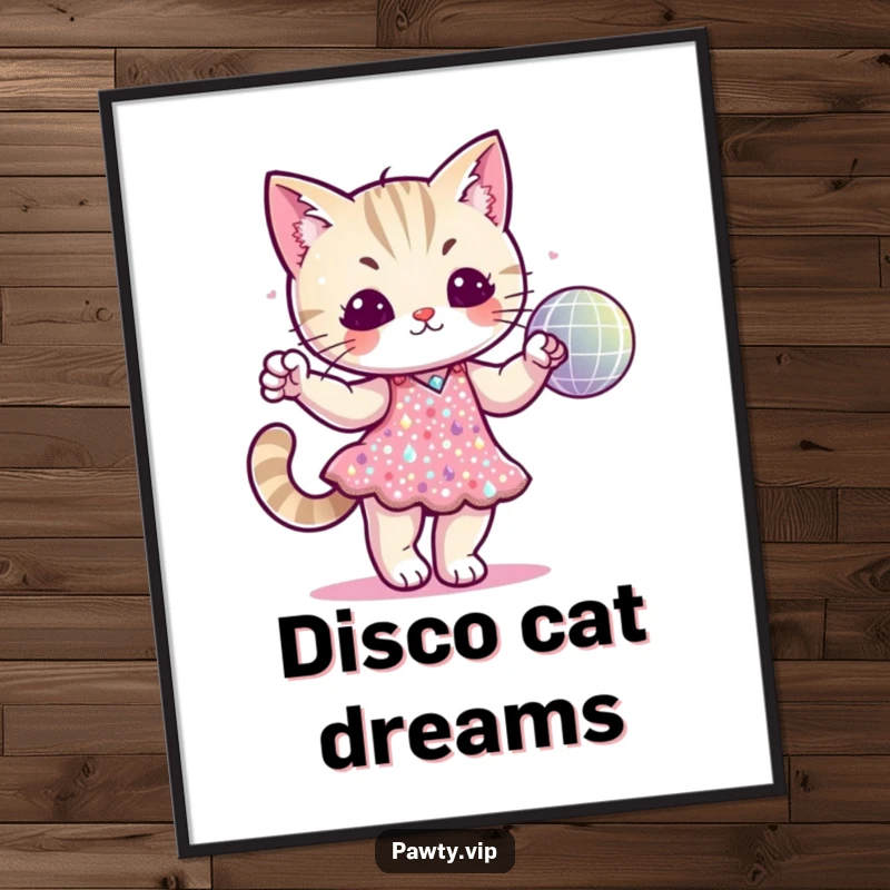 Funny cat character in a sequined dress dancing with a disco ball, presented as a digital art print for glamorous decor.