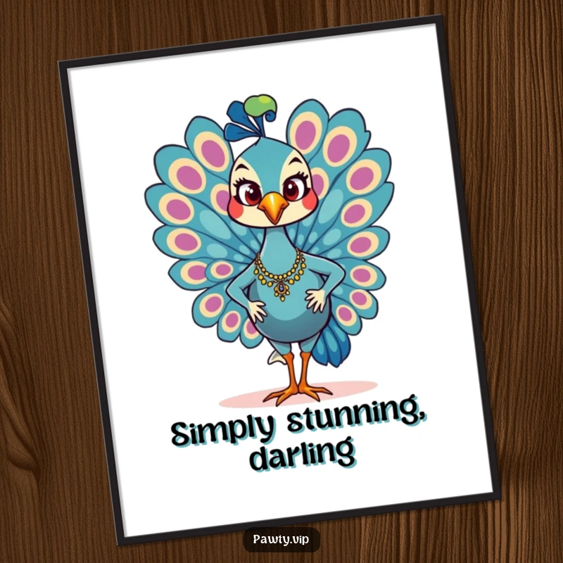 Funny Digital Art Print of a glamorous peacock character strutting with a confident smile, perfect for instant home decor.