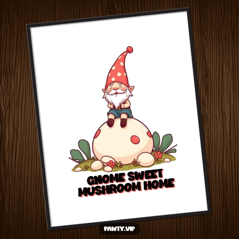 Funny Digital Art Print of a cheerful gnome in a party hat riding a giant mushroom, perfect for whimsical decor.