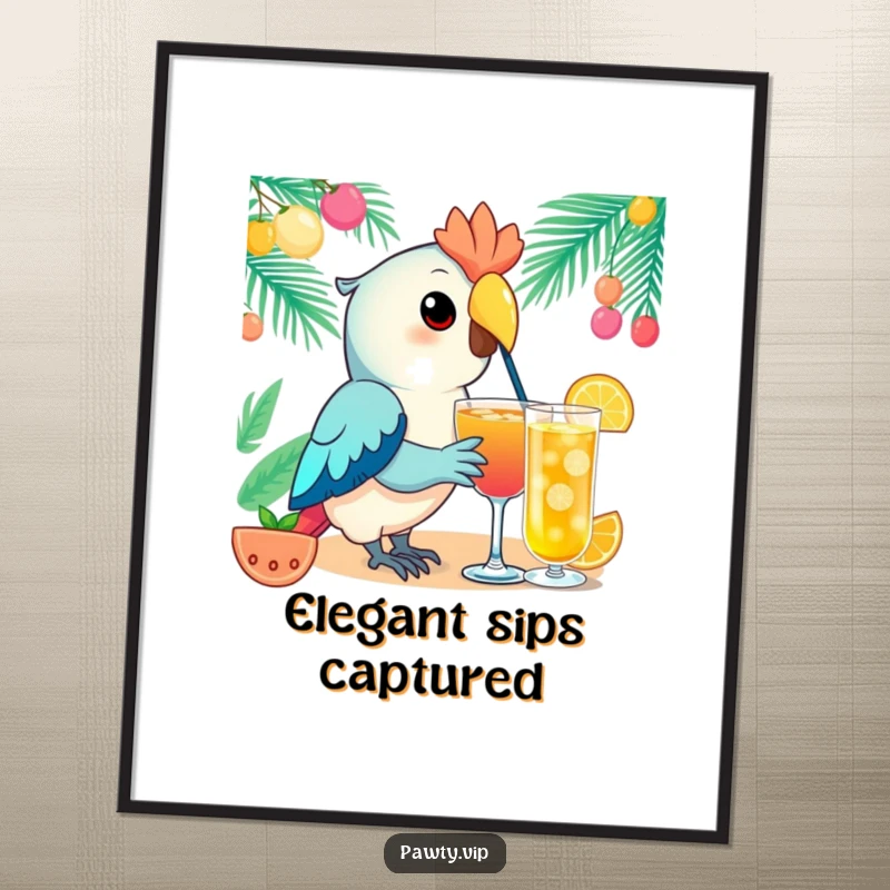 Funny Kawaii parrot digital art print of an elegant parrot character enjoying a festive drink, radiating tropical cheer and festivity.