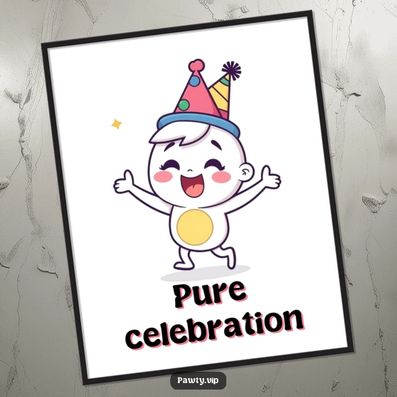 Happy cartoon character in a party hat, dancing energetically, ready to be printed as fun digital art.