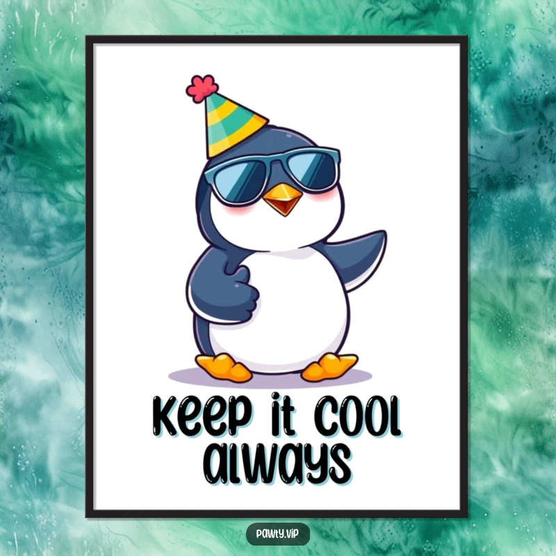 Funny kawaii penguin character giving a thumbs up while wearing a party hat and sunglasses, available as a digital print for humor.