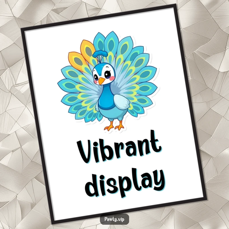 Funny peacock digital art print, a proud peacock fanning its colorful feathers, vibrant wall decor.