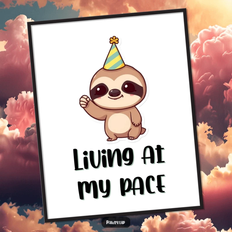 Funny Digital Art: Trendy sloth in a party hat, humorously raising a tiny fist, perfect for instant, amusing wall decor.