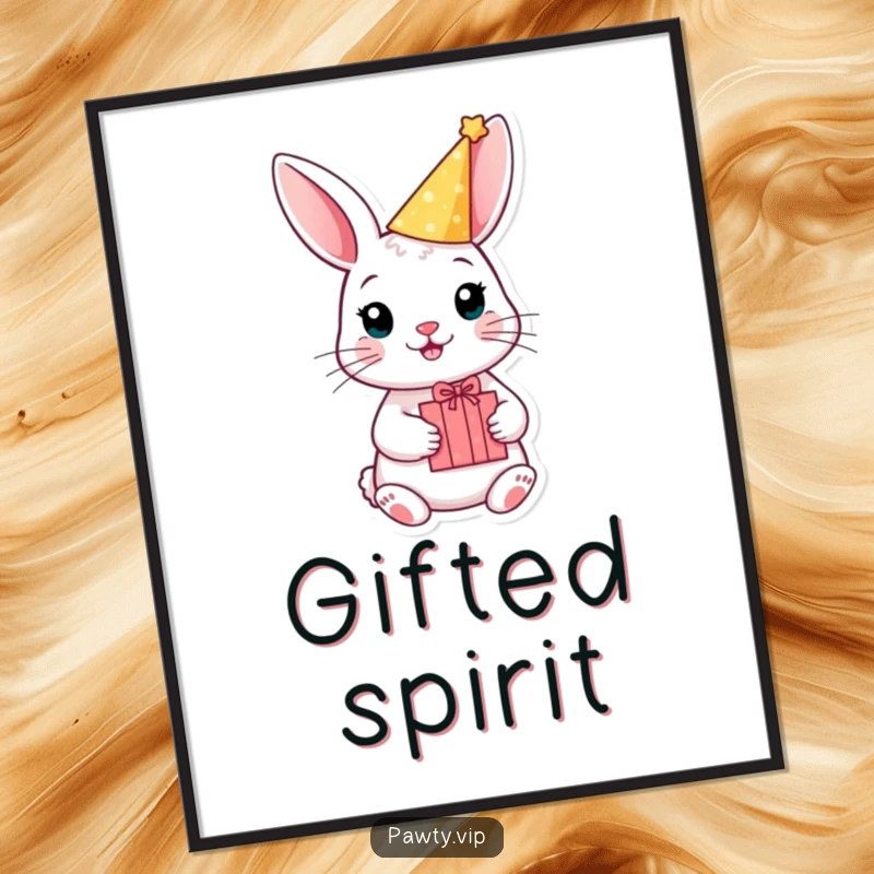 Funny rabbit digital art print with a party hat and gift box, offering humorous birthday decorations.