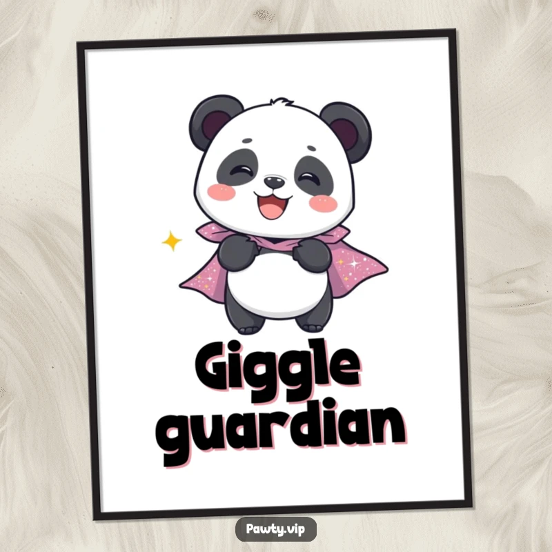Funny digital art of a giggling panda character wearing a sparkly cape, perfect for superhero-themed wall decor.