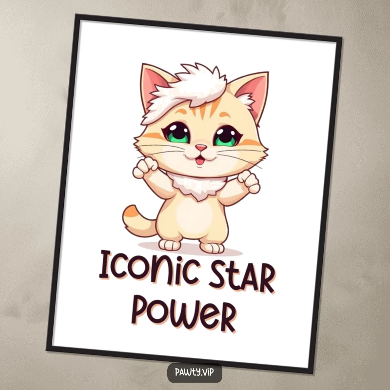 Funny Digital Art Print of a cute cat character in a feather boa, striking a dramatic, show-stopping pose.