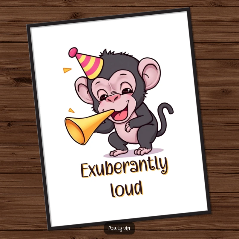 Funny Kawaii chimpanzee character digitally rendered art print, blowing a party horn with great excitement.
