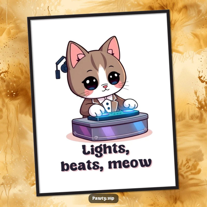 Funny Kawaii tuxedo cat character DJing digitally rendered art print, vibrant and full of musical energy.