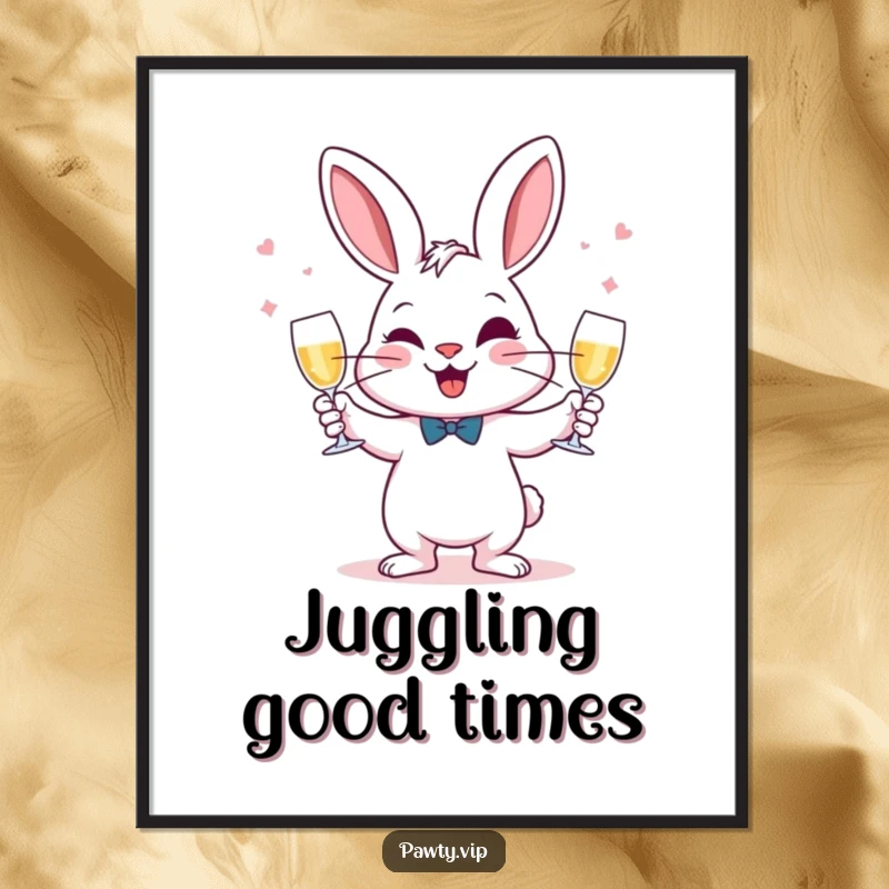 Funny Juggling Rabbit Digital Art Print of a rabbit juggling champagne glasses with a mischievous grin, adding instant party fun.