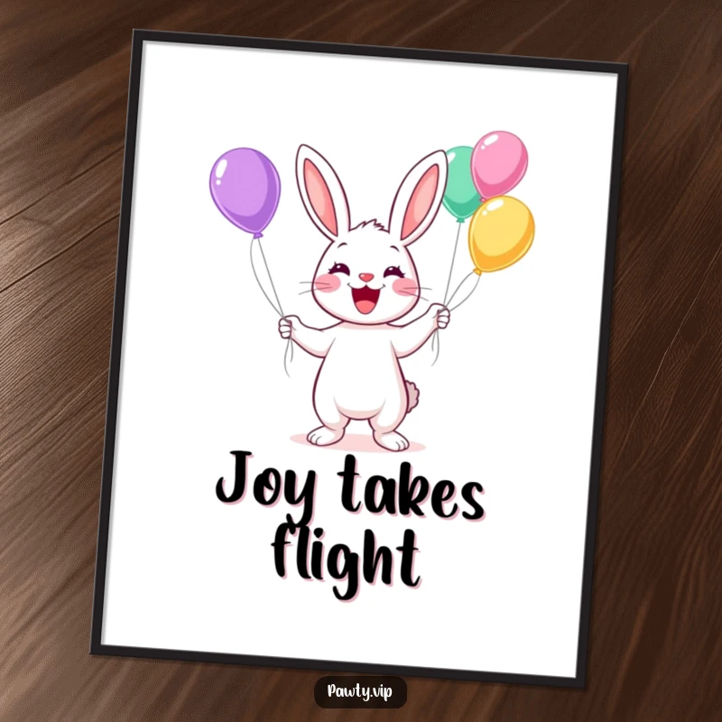 Funny Kawaii rabbit juggling colorful balloons with a wide grin on a digital art print, perfect for screensavers.