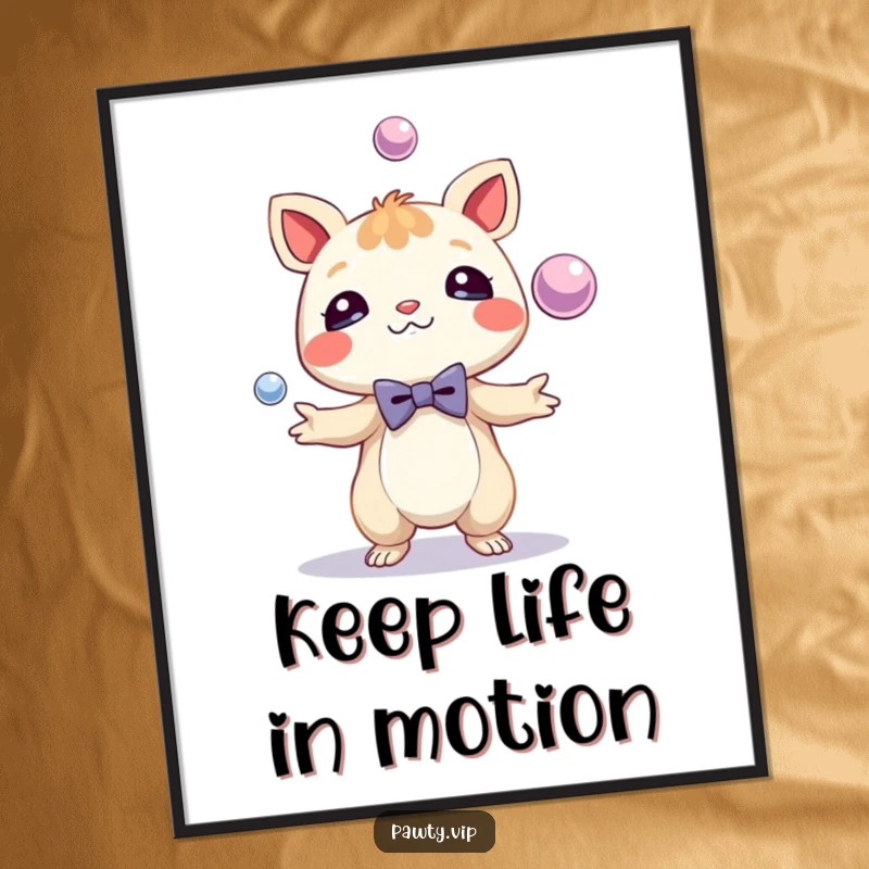 Funny Digital Art Print of a creature in a smart bow tie, skillfully juggling shiny spheres. High-quality art for a dapper and humorous ambiance.