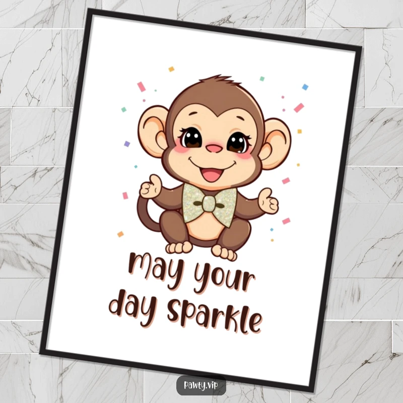 Funny Monkey Digital Art: A dapper monkey in a glitter bow tie throws confetti, a humorous and celebratory printable wall decor.