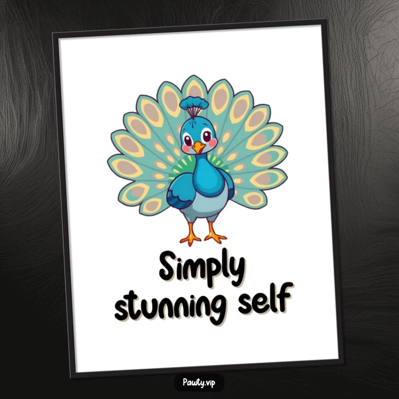 Funny peacock animal fanning out its tail feathers with a proud expression, a downloadable funny art print.