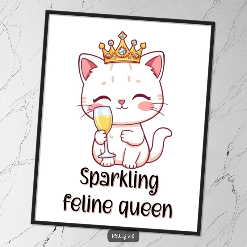 Funny Kawaii cat character in a sparkling crown, holding a champagne flute, available as a high-resolution digital art download.