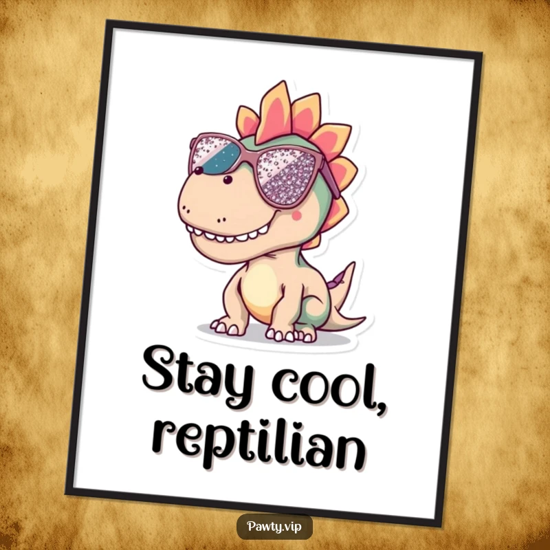 Funny dinosaur digital art print featuring a cool character in oversized, sequined sunglasses, high quality download.